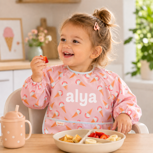 Kişiselleştirilebilir Uzun Kollu Sıvı Geçirmez Mama ve Aktivite Önlüğü – IceCream (6–24 Ay)