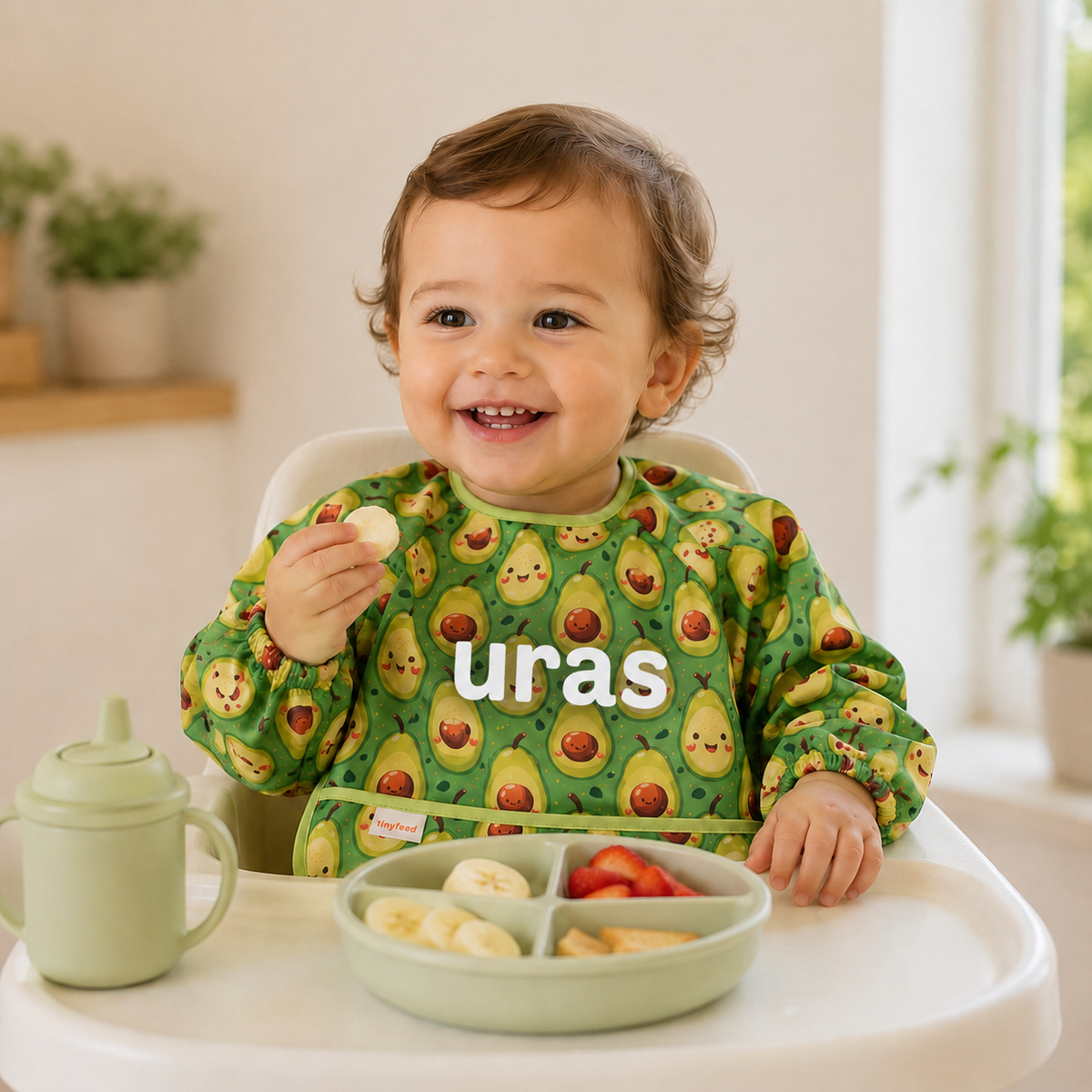 Kişiselleştirilebilir Uzun Kollu Sıvı Geçirmez Mama ve Aktivite Önlüğü – Avocado (6–24 Ay)