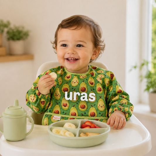 Kişiselleştirilebilir Uzun Kollu Sıvı Geçirmez Mama ve Aktivite Önlüğü – Avocado (6–24 Ay)