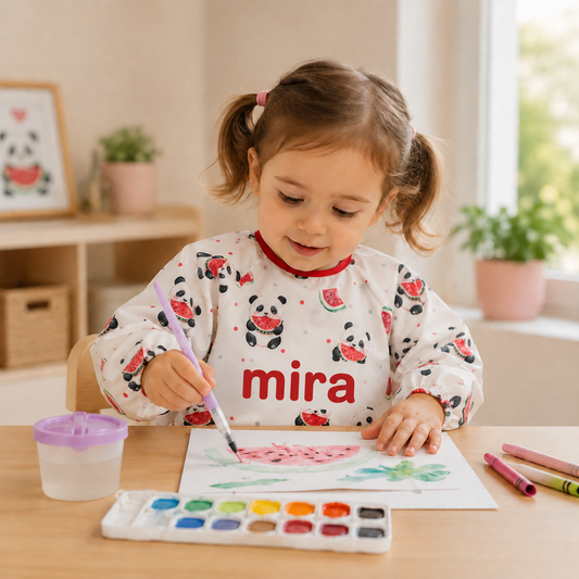 Kişiselleştirilebilir Uzun Kollu Sıvı Geçirmez Mama ve Aktivite Önlüğü – Panda (6–24 Ay)
