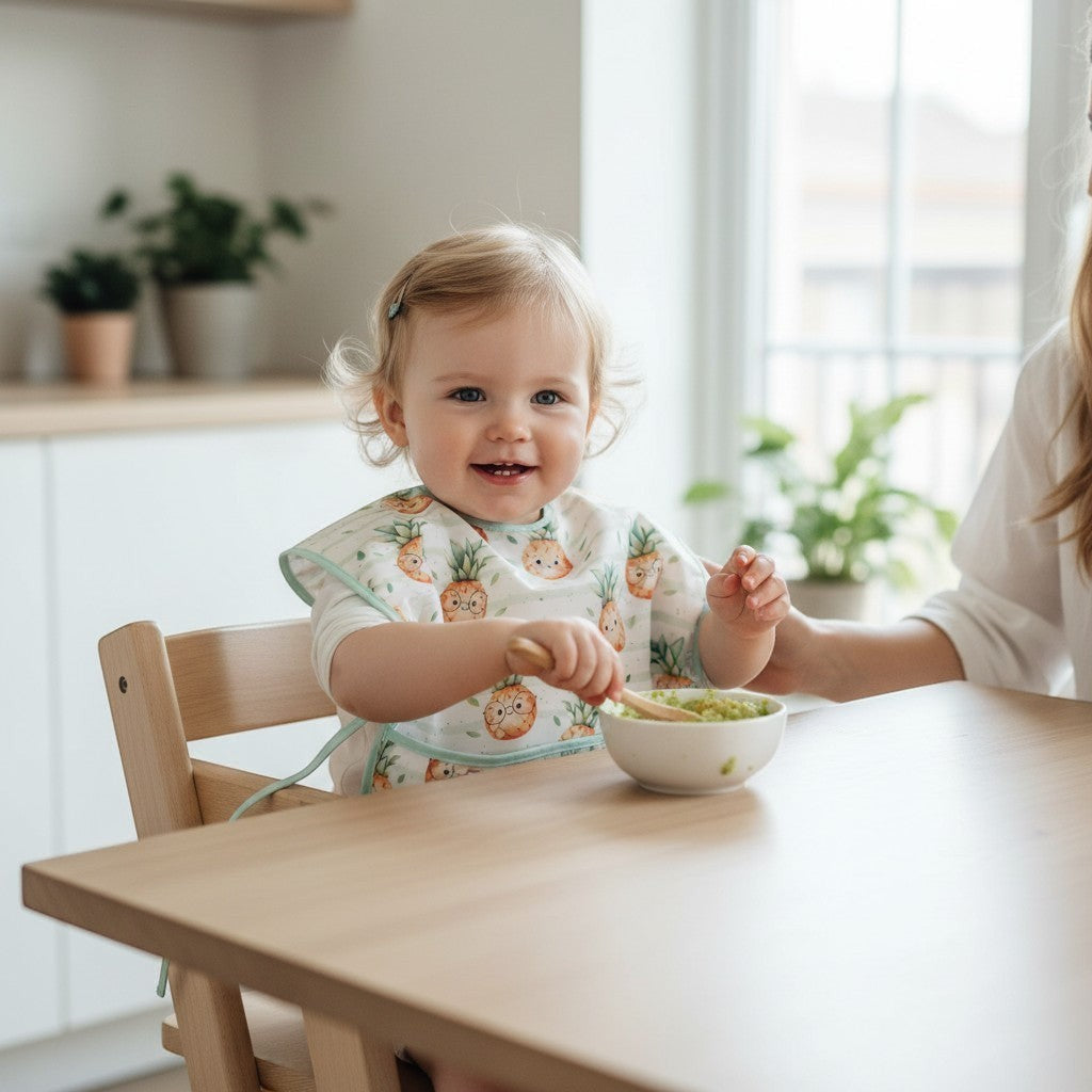 Tinyfeed ananas desenli, kolsuz, sıvı geçirmez, ön cepli ve bağlamalı 6-24 ay bebek mama ve aktivite önlüğü