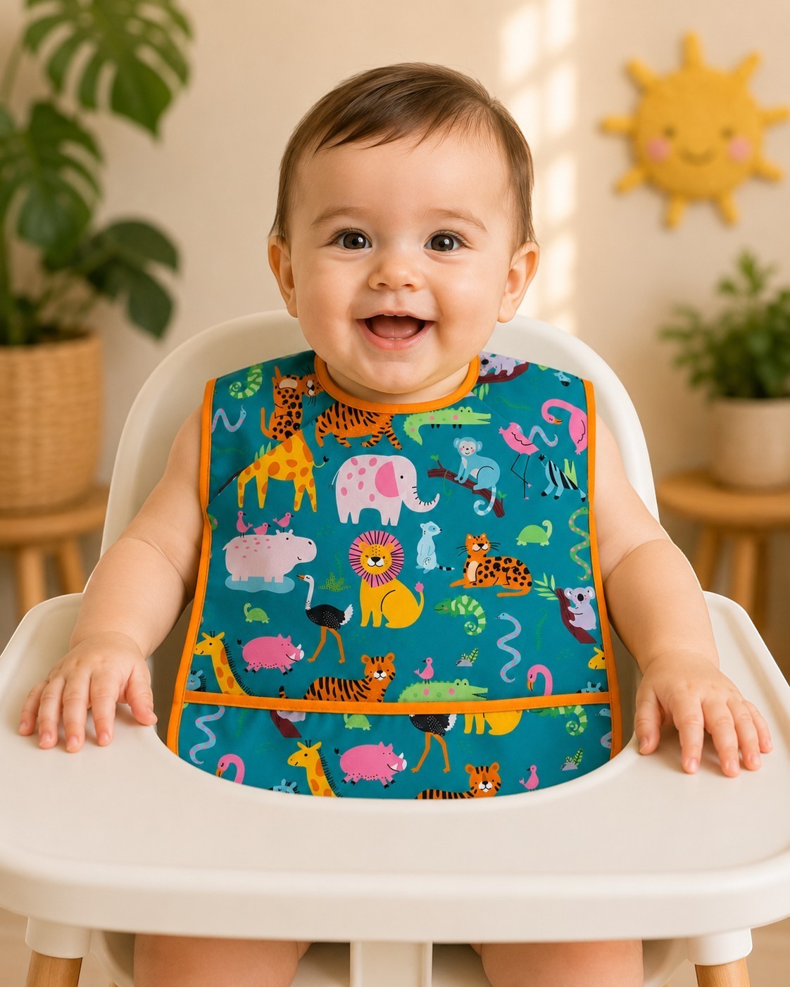 Tinyfeed safari desen kolsuz ve cepli mama ve aktivite önlüğü